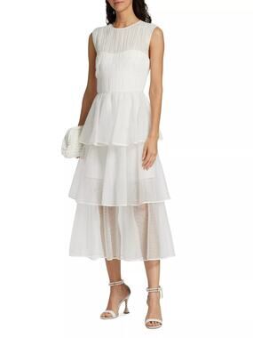 NWT Jonathan Simkhai Benton Tiered Tulle Plisse Midi Dress White Size 4